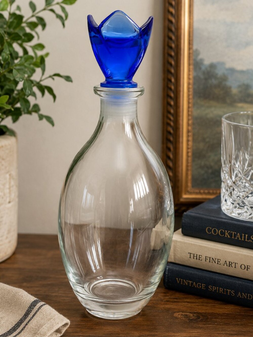 Bormioli Rocco Bouquet Clear Glass Decanter w/ Cobalt Blue Stopper 28 oz Italy